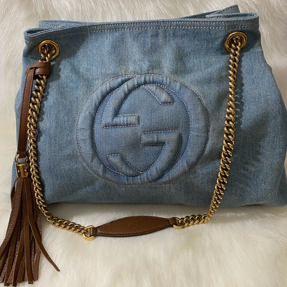 Gucci Fringe Tassel Denim Soho Chain Tote